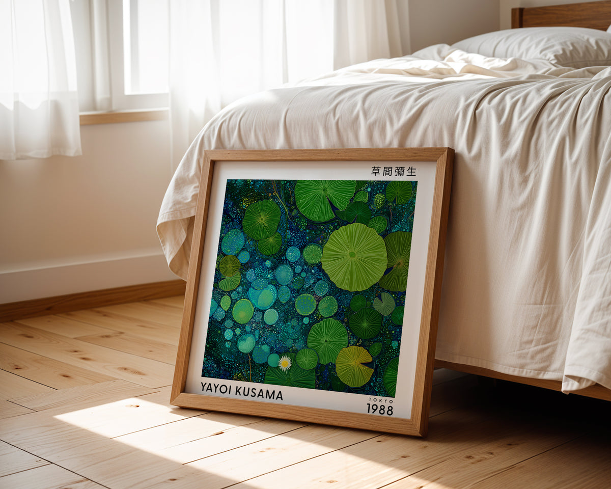 Yayoi Kusama Inspired Green Lily Pad Pond Print | Japanese Botanical Polka Dot Wall Art