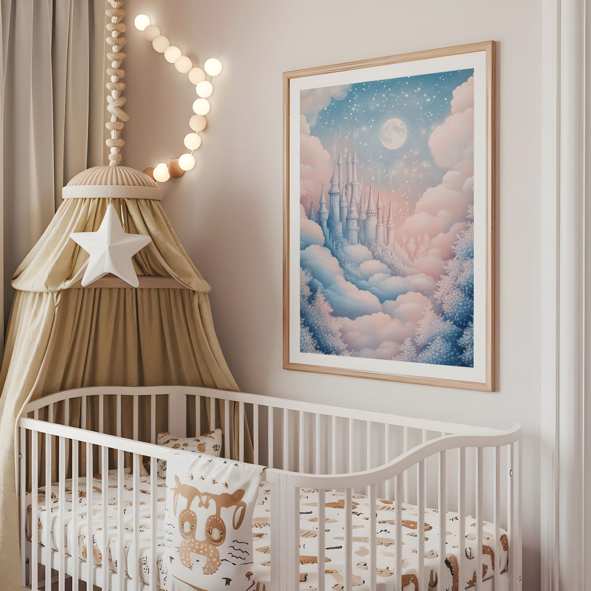 Pastel enchanted castle nursery wall art displayed above a cot