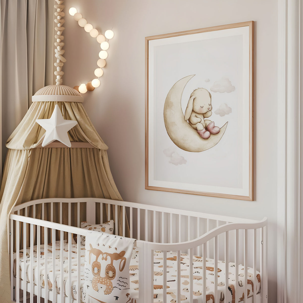 Pastel wildflower bunny nursery wall art displayed above a cot