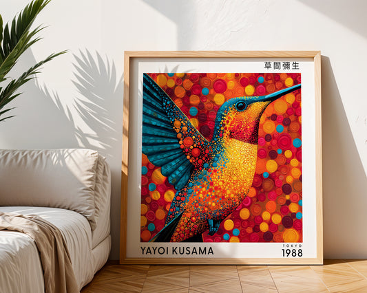 Yayoi Kusama Inspired Orange Hummingbird Print | Japanese Bird Polka Dot Wall Art
