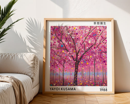 Yayoi Kusama Inspired Pink Blossom Forest Print | Japanese Polka Dot Wall Art