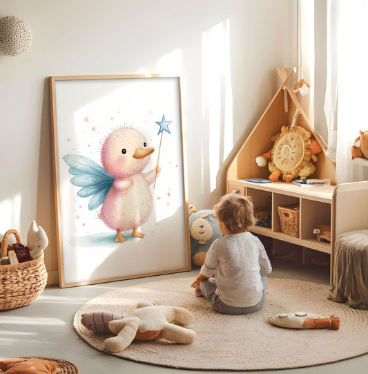Fox fairy kids wall art displayed in a bright nursery beside a cot