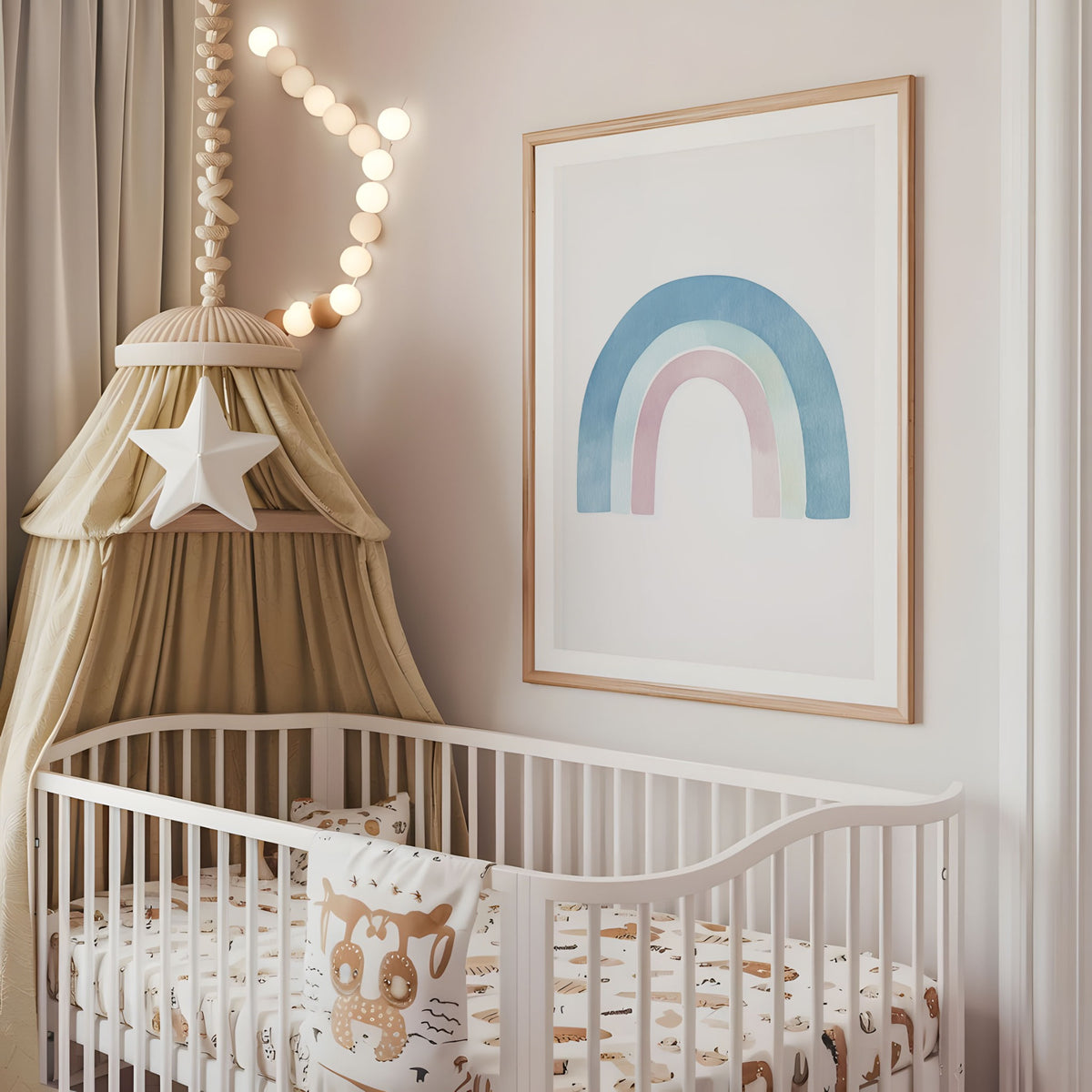 Pastel rainbow nursery wall art displayed above a cot in a neutral baby room