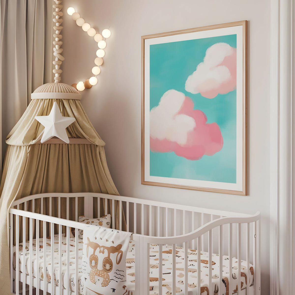 Pink cloud nursery wall art displayed above a cot in a neutral baby room