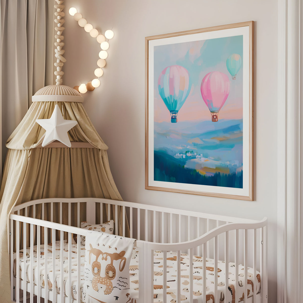 Hot air balloon nursery wall art displayed above a cot in a neutral baby room