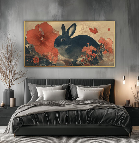 Japanese Rabbit Print, Ukiyo-e Floral Nature Panoramic Wall Art