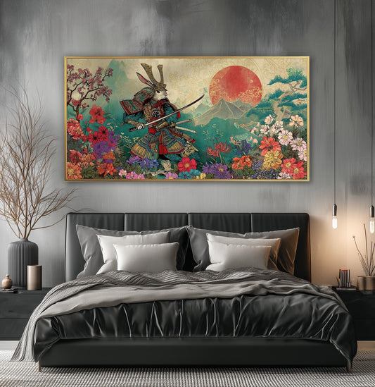 Samurai Rabbit Art Print: Japanese Ukiyo-e, Cherry Blossoms
