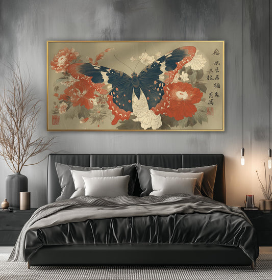 Japanese Butterfly Poster, Vintage Panoramic Print, Ukiyo-e Woodblock Style, Beige Wall Art