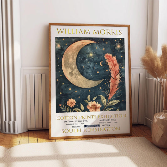 Vintage Celestial Wall Art – William Morris Print With Moon & Feather Design