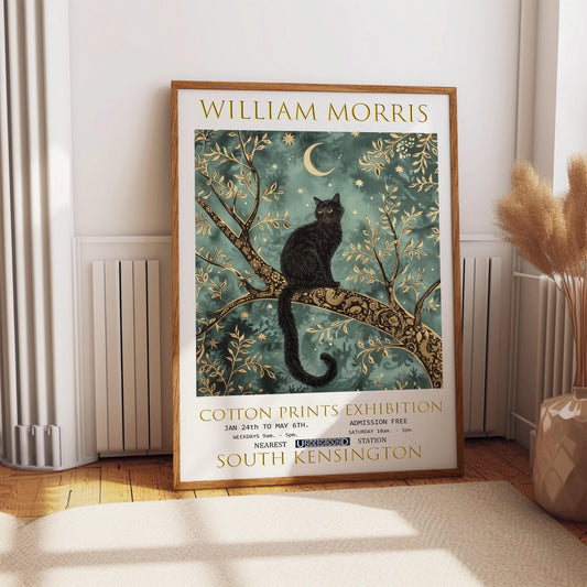 William Morris Black Cat Print: Vintage Floral Wall Art