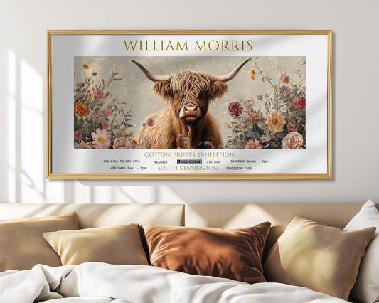 William Morris Highland Cow Print: Vintage Floral Panoramic Wall Art