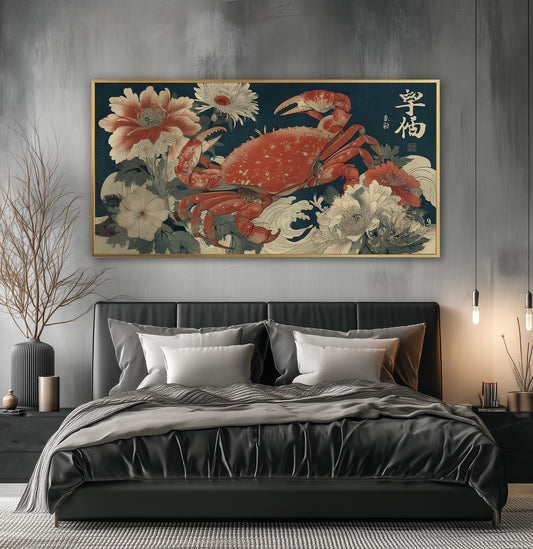 Japanese Crab Art Print: Ukiyo-e Floral Seascape