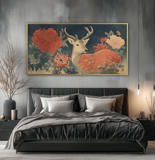Japanese Sika Deer Art Print: Ukiyo-e Cherry Blossom Floral Artwork
