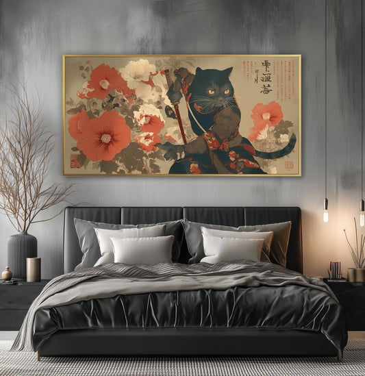 Samurai Cat Art Print: Ukiyo-e Woodblock, Japanese Floral Décor