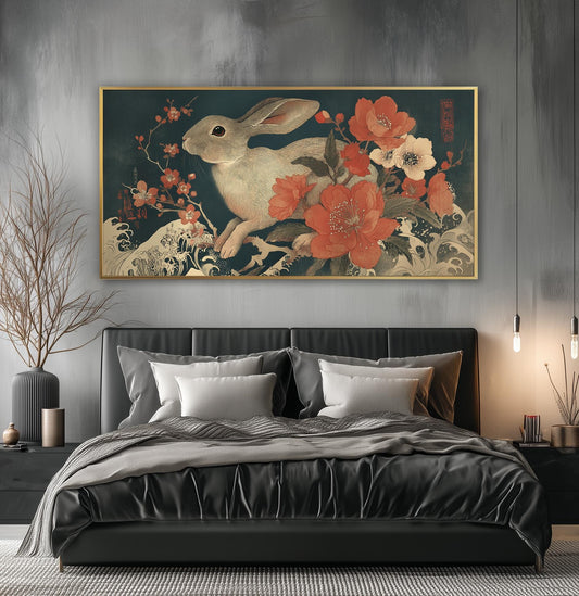 Japanese Rabbit Ukiyo-e Print: Floral Wave Art, Japandi Decor