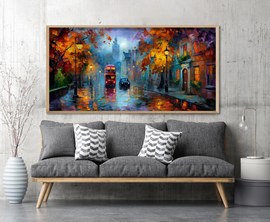 London Bus Art Print – Rainy London Wall Art – Panoramic Cityscape