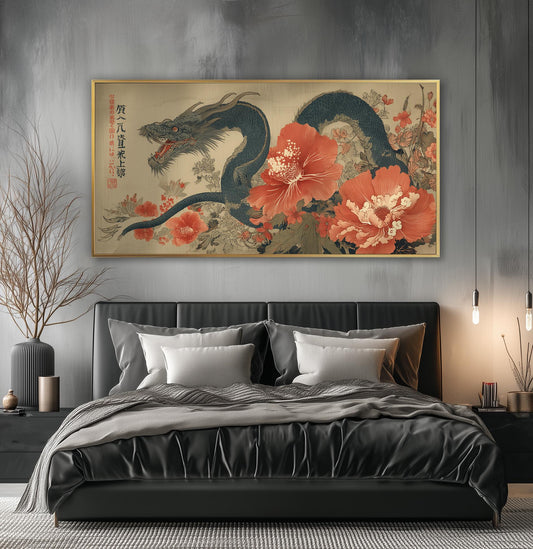 Japanese Dragon Panoramic Print – Ukiyo-e Floral Mythical Wall Art