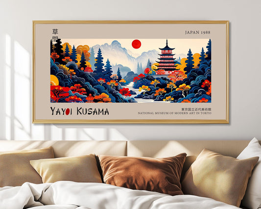 Japanese Landscape Panoramic Print | Yayoi Kusama Art | Red Pagoda Wall Decor | Japandi Poster | Modern Abstract Art Print