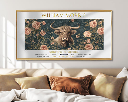 Print, Highland Cow William Morris Floral, Panoramic Cottagecore Wall Art