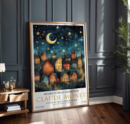 Vintage Moon & Stars Poster – Claude Monet Night Village Wall Art