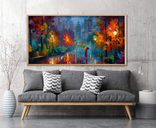 New York Panoramic Print – Rainy City Wall Art – Impressionist Oil Painting