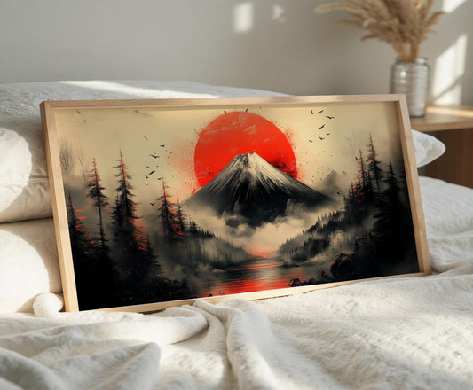 Japanese Fuji Mountain Art Print: Red Sun Zen Landscape
