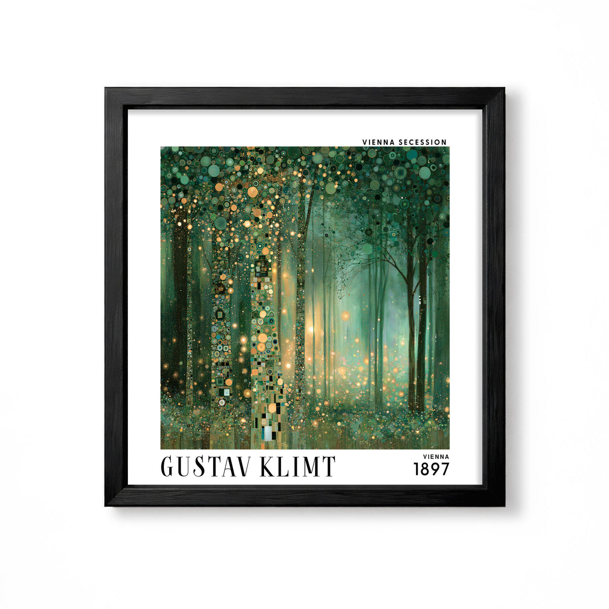 Gustav Klimt style emerald forest square art print in black frame with green woodland and glowing gold decorative detail