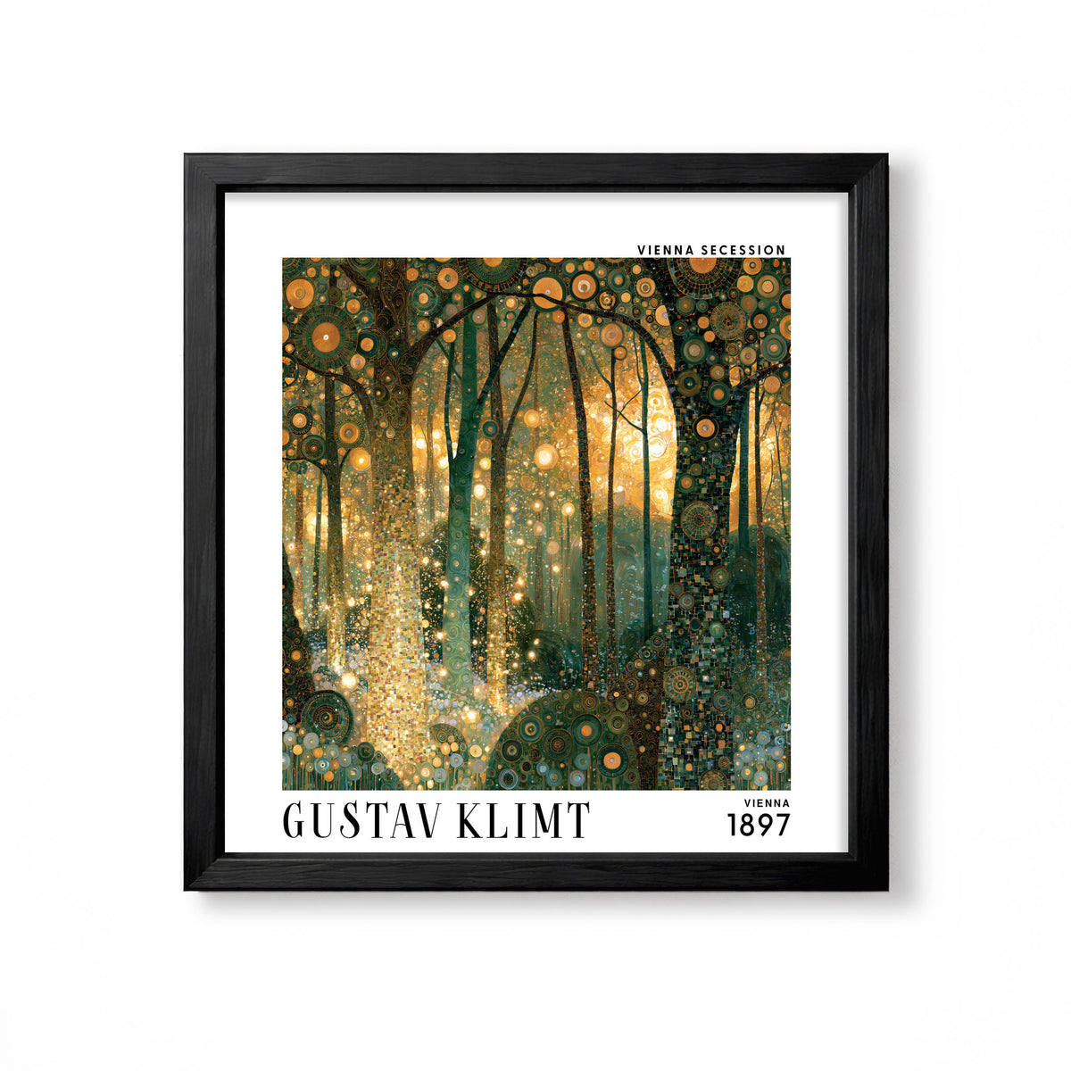 Gustav Klimt style enchanted forest square art print in black frame with glowing gold and deep green woodland detail