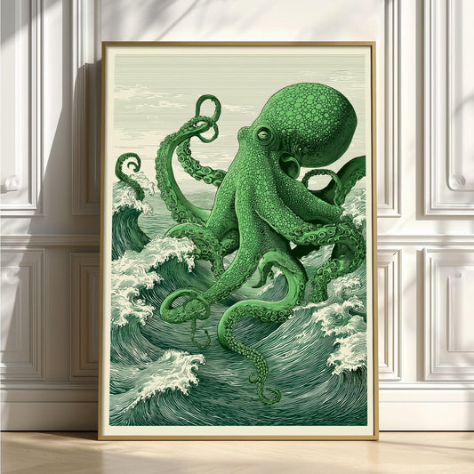 Green Octopus Art Print, Japanese Ocean illustration, Green Sea Wall Decor