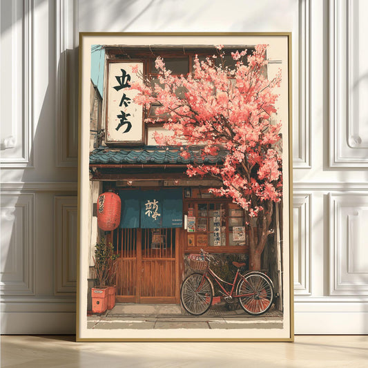 Japanese Izakaya Cherry Blossom Wall Art Print, Tokyo Street Poster, Bicycle Cafe Decor
