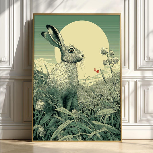 Hare Meadow Poster | Japanese Woodblock Art Print | Rabbit Wall Art | Green Botanical Decor