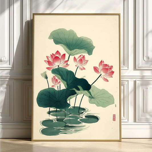 Pink Lotus Poster, Japanese Botanical Art Print, Floral Wall Art, Zen Home Decor