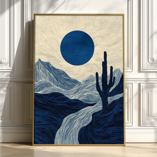 Blue Desert Poster | Cactus Landscape Art Print, Navy Mountain Wall Art | Minimalist Decor