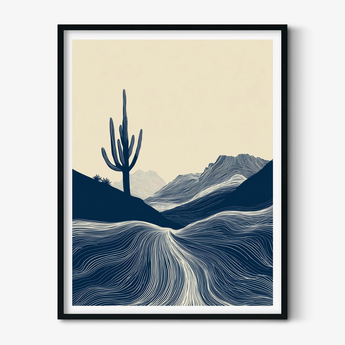 Desert Cactus Wall Art | Minimalist Landscape Poster, Navy Blue Art Print | Southwest Decor