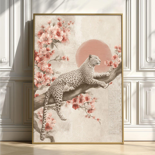 Leopard Poster | Cherry Blossom Art Print, Vintage Floral Wall Art | Oriental Decor