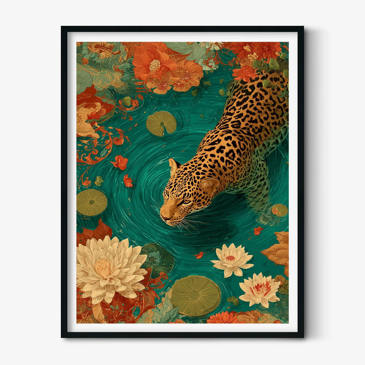Swimming jaguar Art Print | Lotus Pond Poster, Tropical Wall Art | Jungle Floral Decor