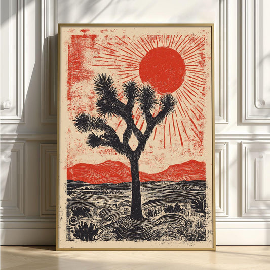 Joshua Tree Poster | Desert Linocut Art Print, Red Sun Wall Art | Southwest Landscape Print