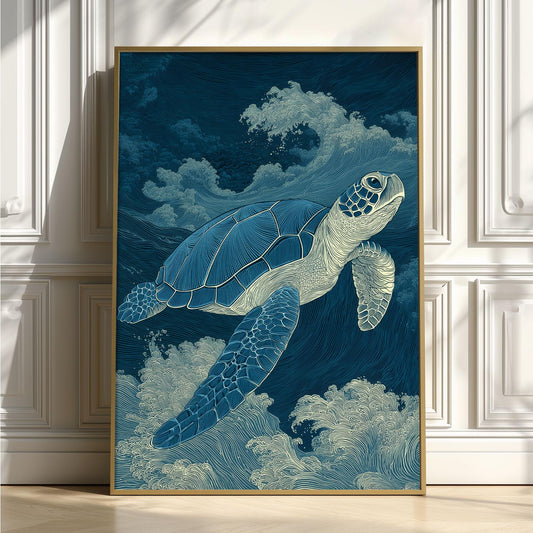 Sea Turtle Poster | Japanese Wave Art Print, Ocean Wall Art | Coastal Nautical Decor