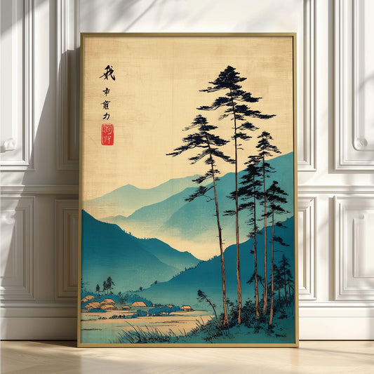 Vintage Forest Wall Art | Mountain Landscape Poster, Japanese Art Print | Japandi Decor