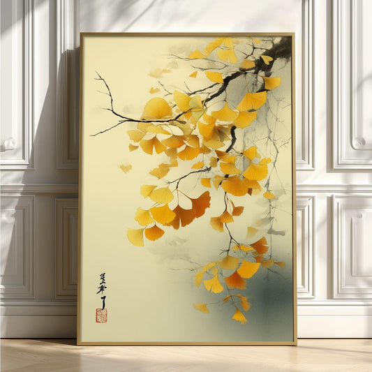 Ginkgo Leaf Art Print | Japanese Botanical Poster, Golden Autumn Wall Art | Zen Nature Decor