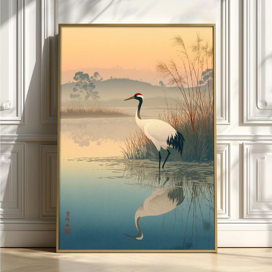 Red Crowned Crane Poster | Japanese Wetland Wall Art, Bird Art Print | Zen Nature Decor