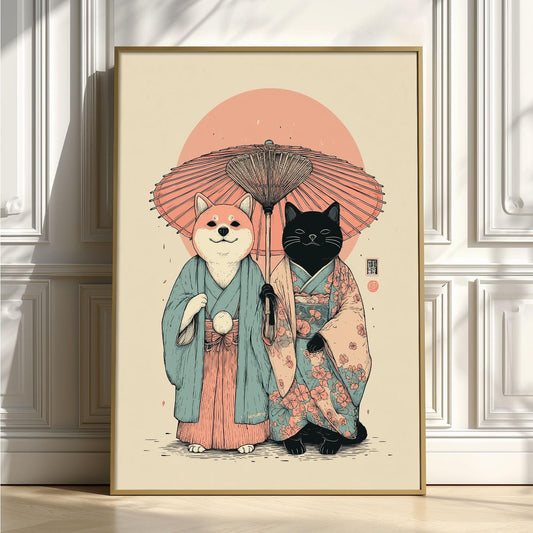 Shiba Inu Poster | Black Cat Art Print, Japanese Kimono Wall Art | Cute Animal Decor