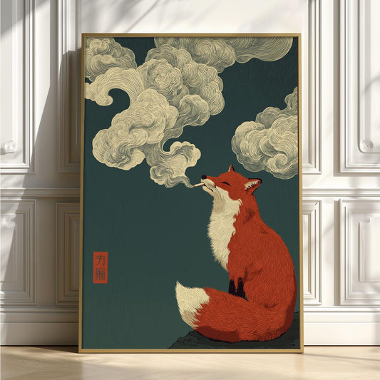 Smoking Fox Poster | Japanese Cloud Art Print, Red Fox Wall Art | Quirky Woodland Decor
