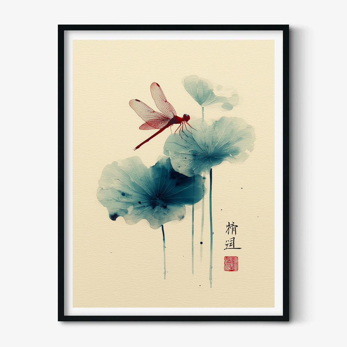 Dragonfly Lotus Wall Art | Chinese Watercolour Poster, Botanical Art Print | Zen Nature Decor