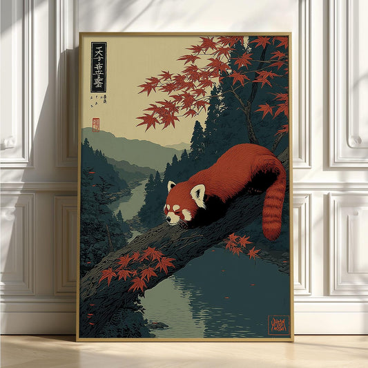 Red Panda Poster | Japanese Autumn Wall Art | Mountain Forest Art Print | Zen Wildlife Decor