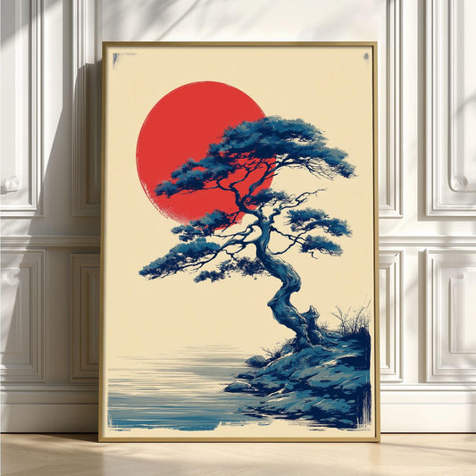 Japanese Pine Wall Art | Red Sun Poster | Bonsai Tree Art Print | Zen Landscape Decor