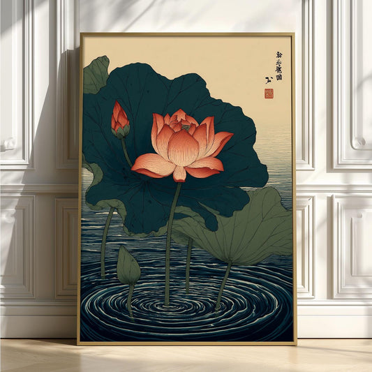 Lotus Flower Pond Art Print | Japanese Water Lily Wall Decor
