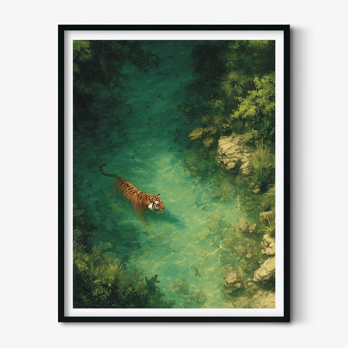 Tiger Poster | Emerald River Wall Art | Jungle Wildlife Art Print | Tropical Nature Decor