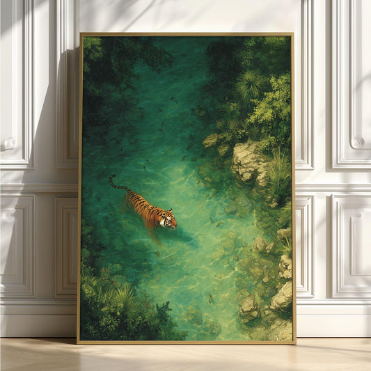 Tiger Poster | Emerald River Wall Art | Jungle Wildlife Art Print | Tropical Nature Decor