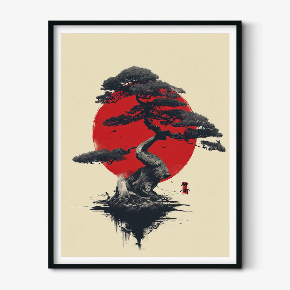 Bonsai Tree Print | Japanese Red Sun Wall Art | Minimalist Japandi Decor